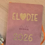 Agenda rose avec thermocollant à paillette doré "Elodie 2026"